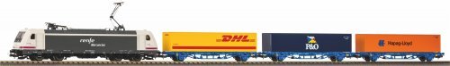 Starter Set with Roadbed TRAXX RENFE with 3 Container Flat Car, HO, PIKO 96900