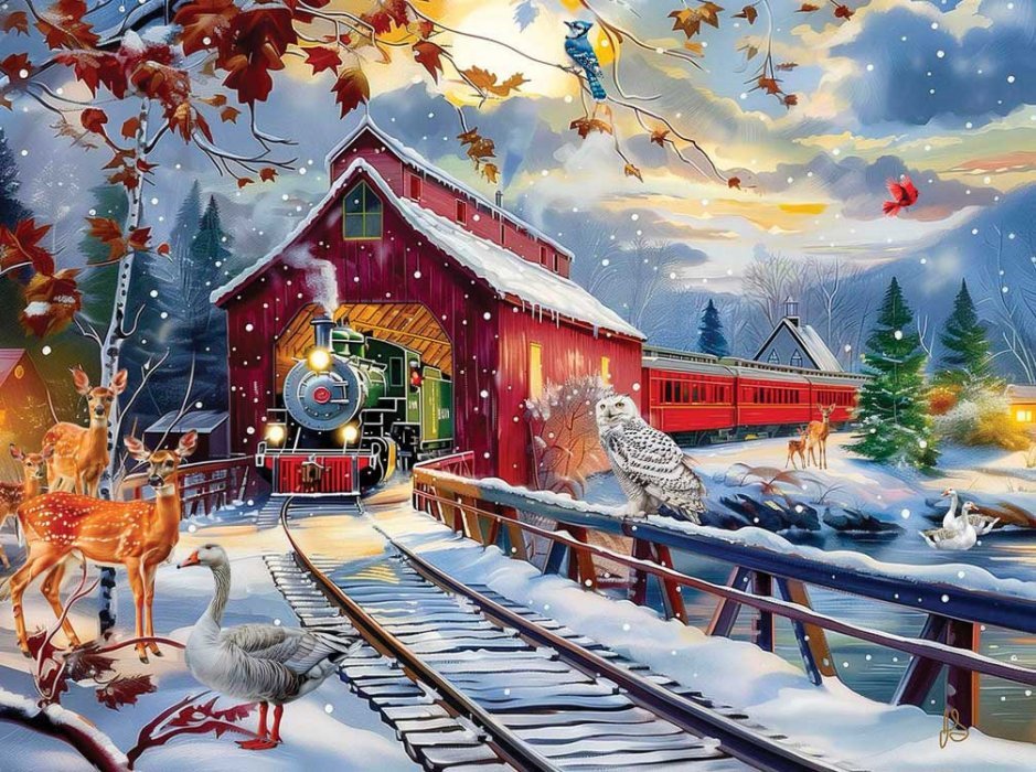Winter Creek Covered Railroad Bridge Jigsaw Puzzle, ALL Scales, Train Enthusiast Vendors 77123