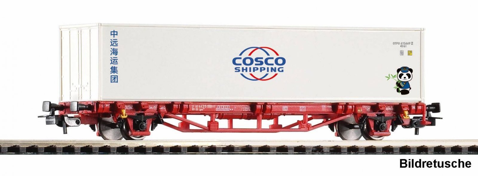 Container Flat Car Lgs DB AG Cosco Container 40`` with Panda VI, HO, PIKO 27749