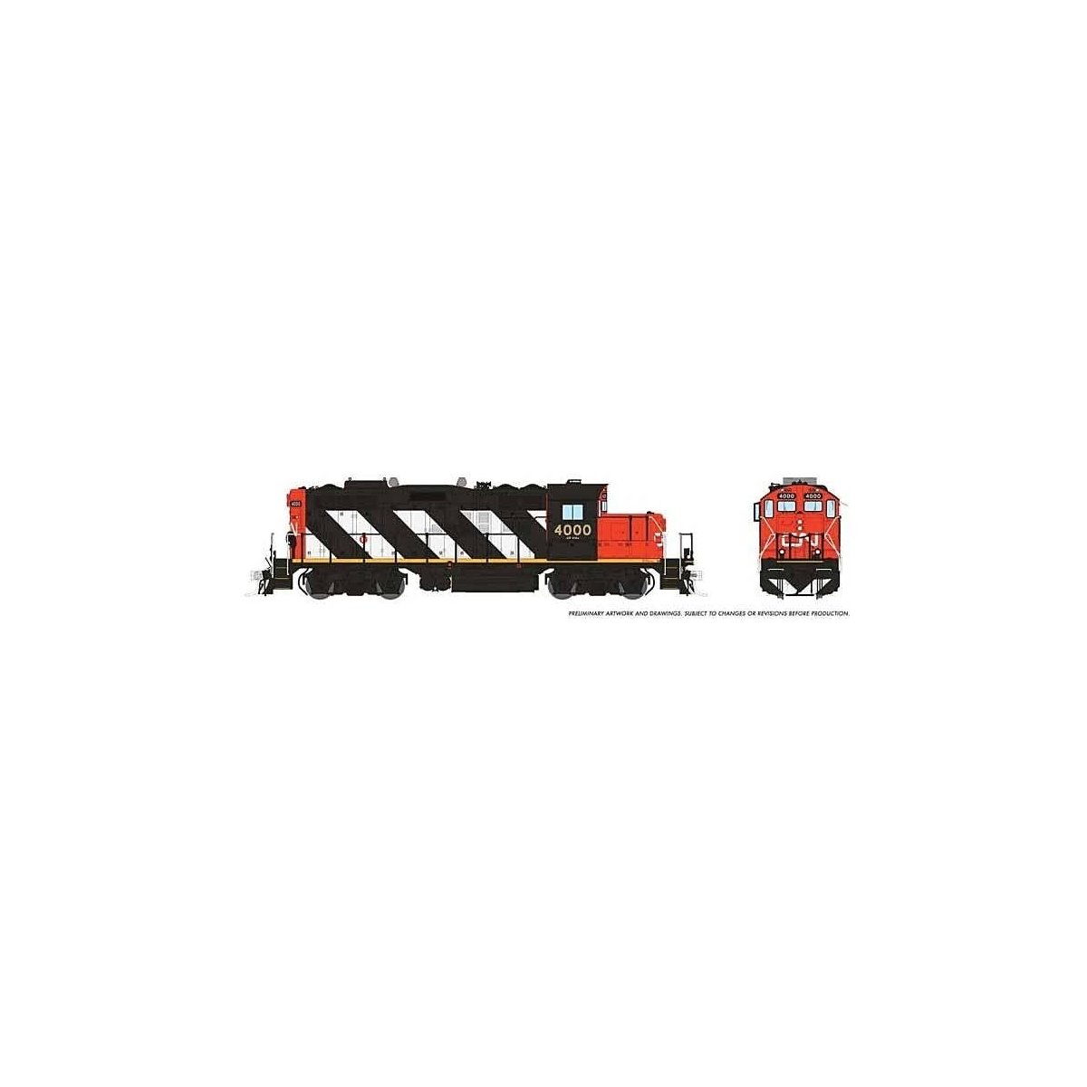 GP9rm - Standard DC -- Canadian National 4000 (Stripe Scheme, black, white, red), HO, Rapido Trains Inc 41001