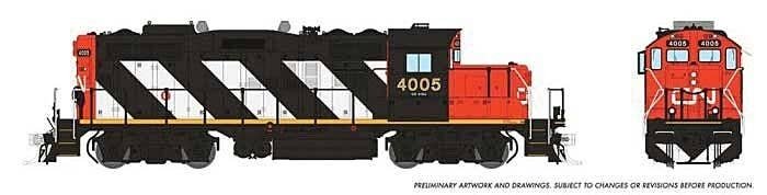 GP9rm - Standard DC -- Canadian National 4005 (Stripe Scheme, black, white, red), HO, Rapido Trains Inc 41002