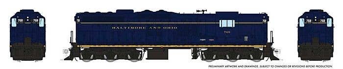 EMD SD9 High Nose - Standard DC -- Baltimore & Ohio 768 (blue, yellow, Roman Lettering), HO, Rapido Trains Inc 50215