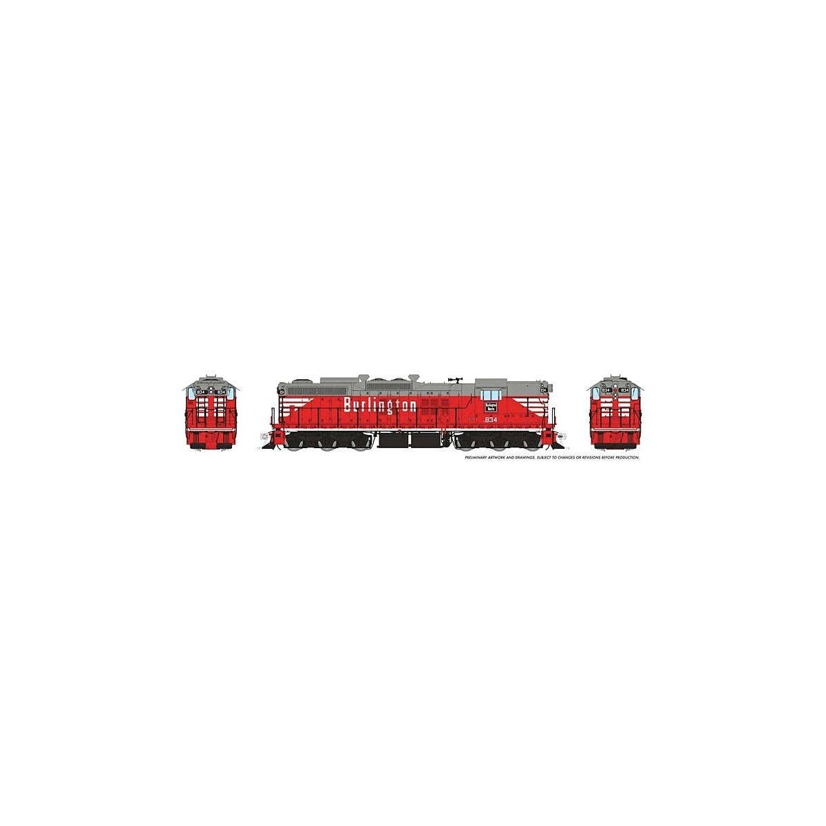 EMD SD9 High Nose - Standard DC -- Chicago, Burlington & Quincy 834 (Chinese Red, gray, white), HO, Rapido Trains Inc 50223