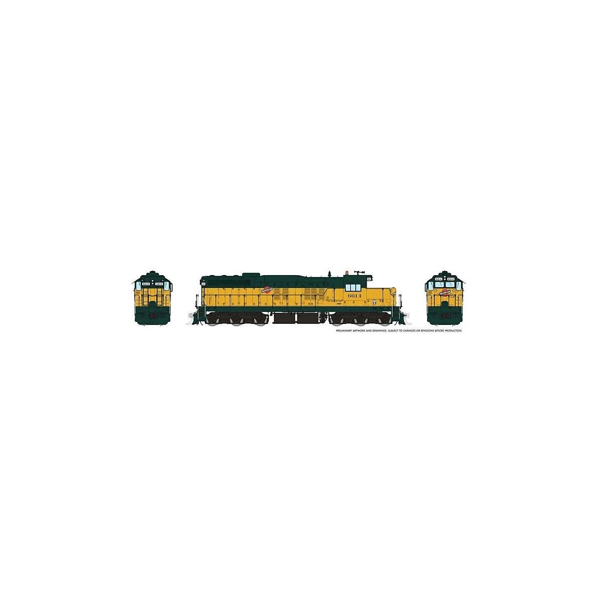 EMD SD9 Low Nose - Standard DC -- Chicago & North Western 6614 (yellow, green), HO, Rapido Trains Inc 50221