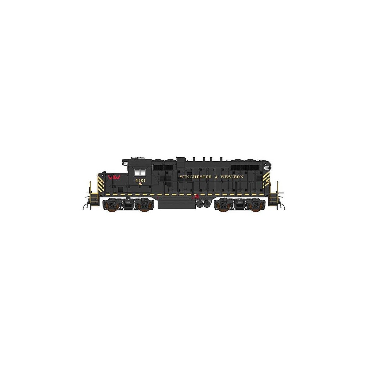 Paducah GP10 - Standard DC -- Winchester & Western 403 (black, yellow, red), HO, Intermountain Railway Company 49870