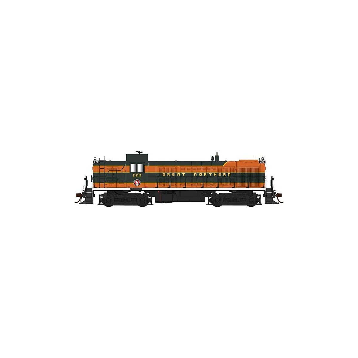 Alco RS3 Phase I - Standard DC -- Great Northern 220 (Omaha Orange, Pullman Green, yellow), HO, Bowser Manufacturing Co. 25531