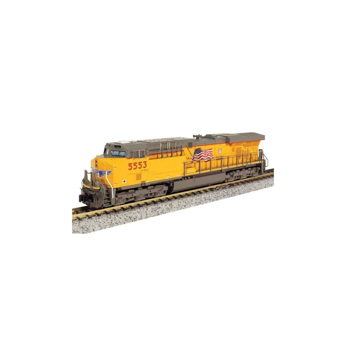 GE ES44AC GEVO - DCC -- Union Pacific 5553 (Armour Yellow, gray, US Flag, Building America Logo), N, Kato USA Inc 1768955DCC