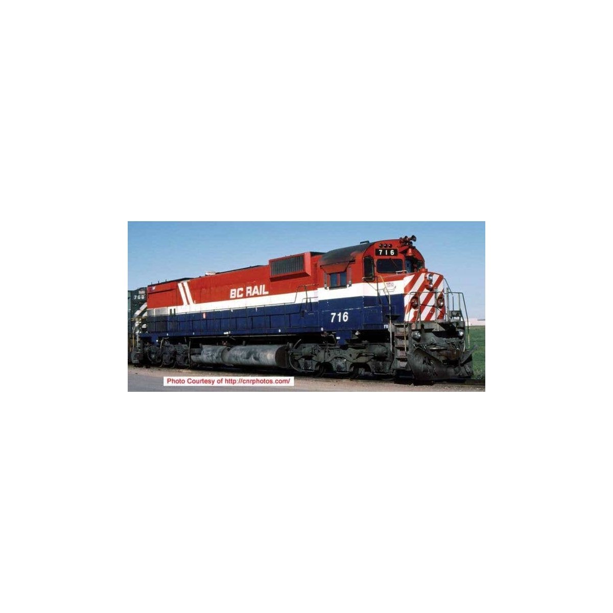 Montreal Locomotive Works M630 - Standard DC - Executive Line -- BC Rail 716 (Hockey Stick, red, white, blue, Recessed Ditch Lig