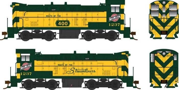 Baldwin VO660 - Standard DC -- Chicago & North Western 1237 (yellow, green, Streamliners/400 Slogans), HO, Bowser Manufacturing 