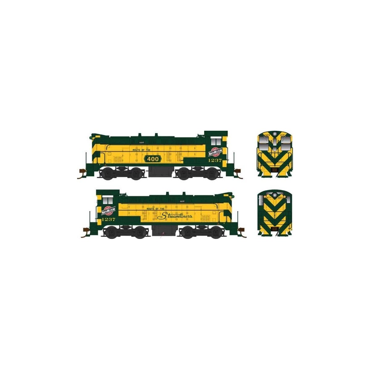 Baldwin VO660 - Standard DC -- Chicago & North Western 1238 (yellow, green, Streamliners/400 Slogans), HO, Bowser Manufacturing 
