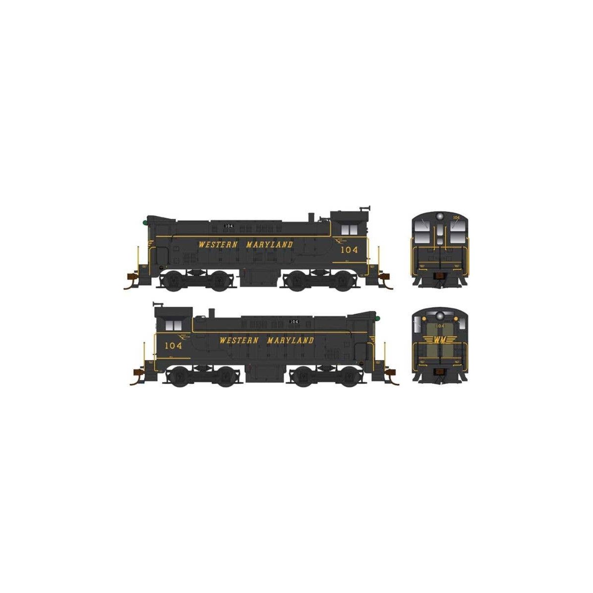 Baldwin VO660 - Standard DC -- Western Maryland 104 (black, yellow, Speed Lettering), HO, Bowser Manufacturing Co. 25513