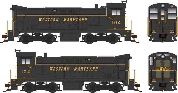 Baldwin VO660 - Standard DC -- Western Maryland 104 (black, yellow, Speed Lettering), HO, Bowser Manufacturing Co. 25513