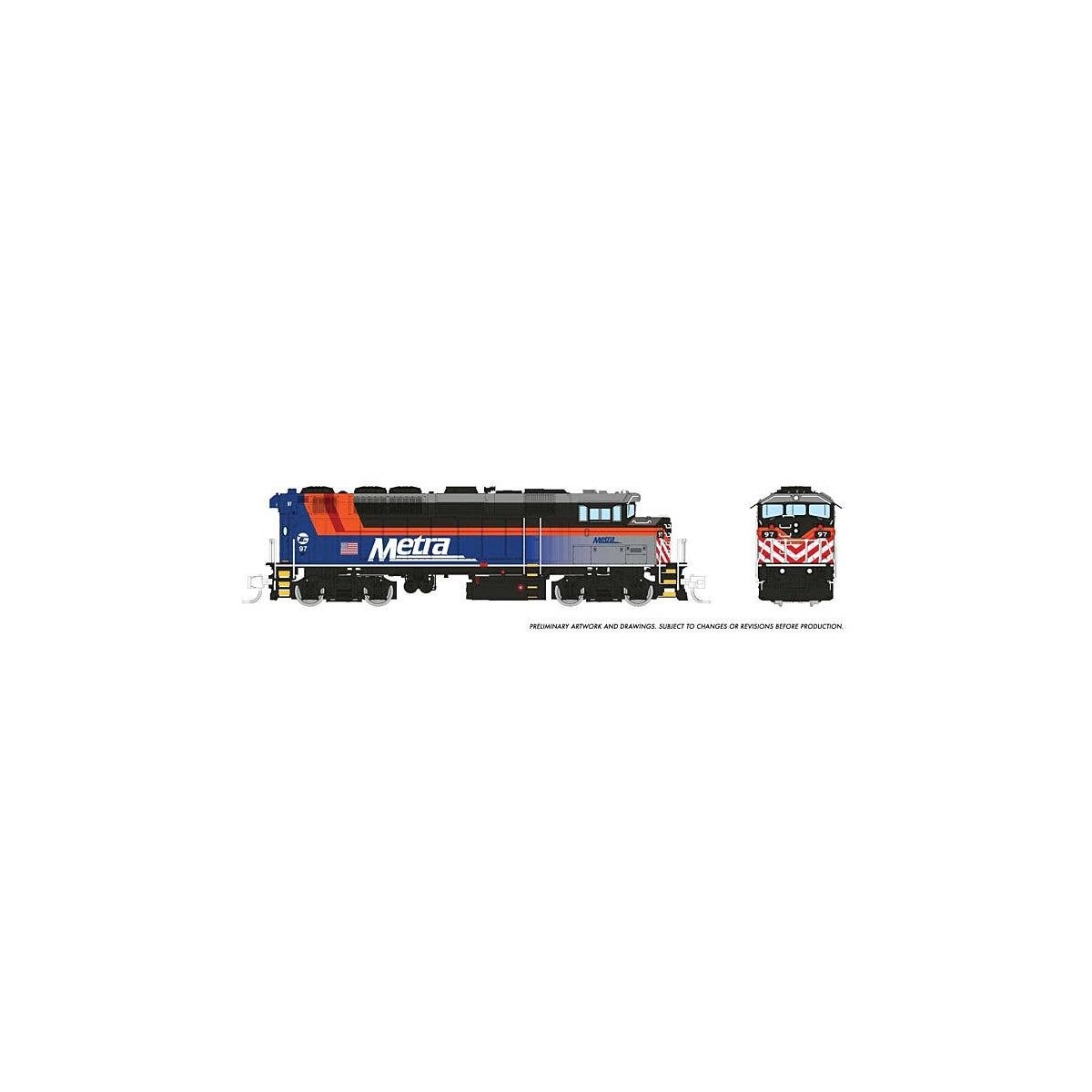GMDD F59PH - Standard DC -- Metra 99 (blue fade, black, orange, maroon, white), N, Rapido Trains Inc 519020