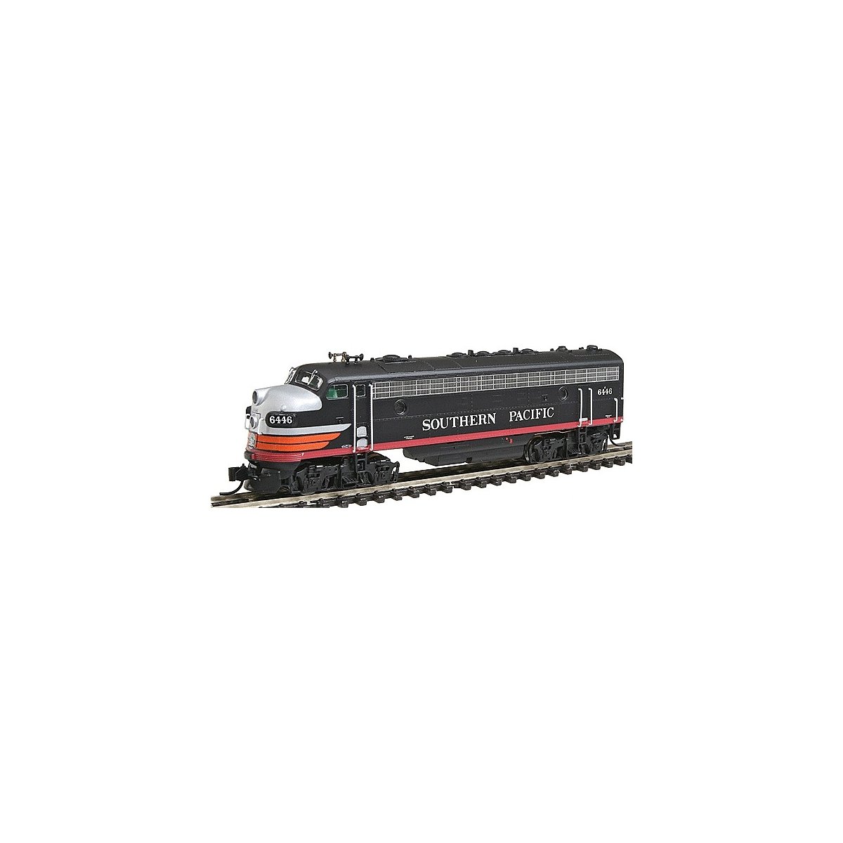 EMD FP7 Phase I - Standard DC -- Southern Pacific (Black Widow, black, silver, orange, red), N, Intermountain Railway Company 69