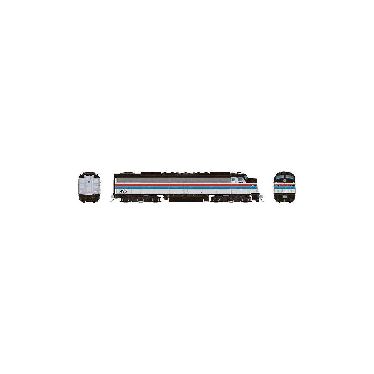 Rebuilt EMD E8A with Head-End Power HEP - Standard DC -- Amtrak 495 (Phase II, silver, red, blue, white, black), HO, Rapido Trai