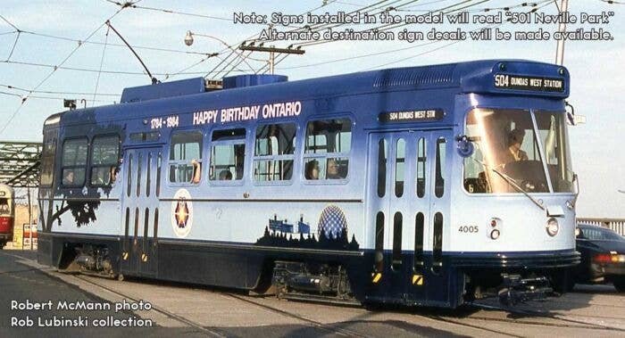 Canadian Light Rail Vehicle CLRV - Sound and DCC -- Toronto Transit Commission TTC 4005 (Happy Birthday Ontario, blue fade), HO,