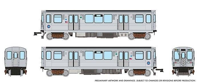 Budd 2600 Series L 2-Car Pair - Standard DC -- Chicago Transit Authority CTA (stainless steel, blue, Speedlines Logo), N, Rapido