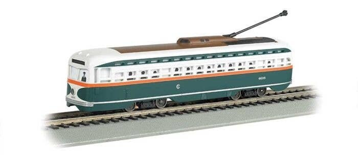 PCC Streetcar w/DCC, Sound & Sparking Trolley Pole -- Chicago (green, white, red), HO, Bachmann Industries 60504