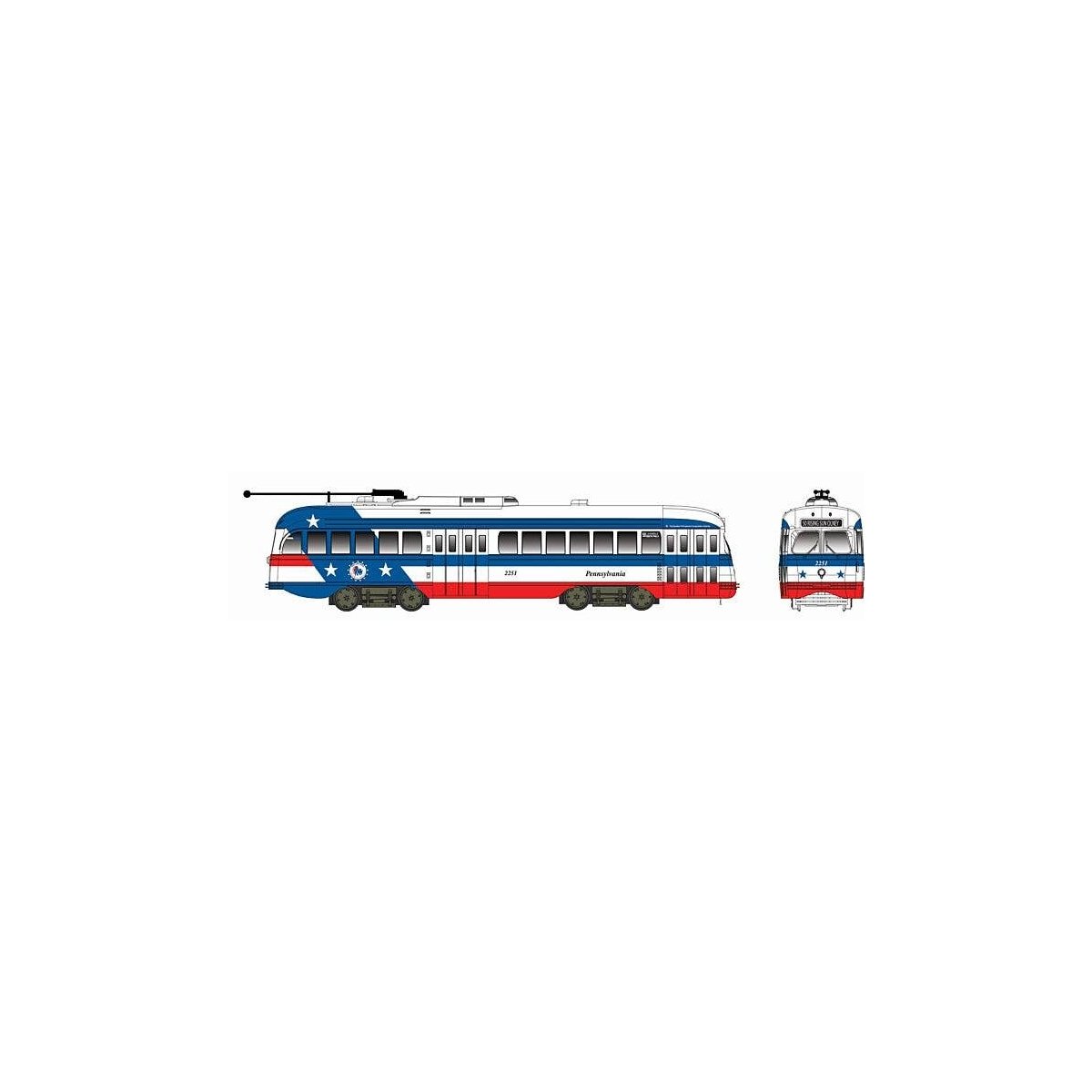 Kansas City-Style Post-War PCC Streetcar - Standard DC - Executive Line -- Bicentennial Scheme - Pennsylvania 2288 (white, blue,