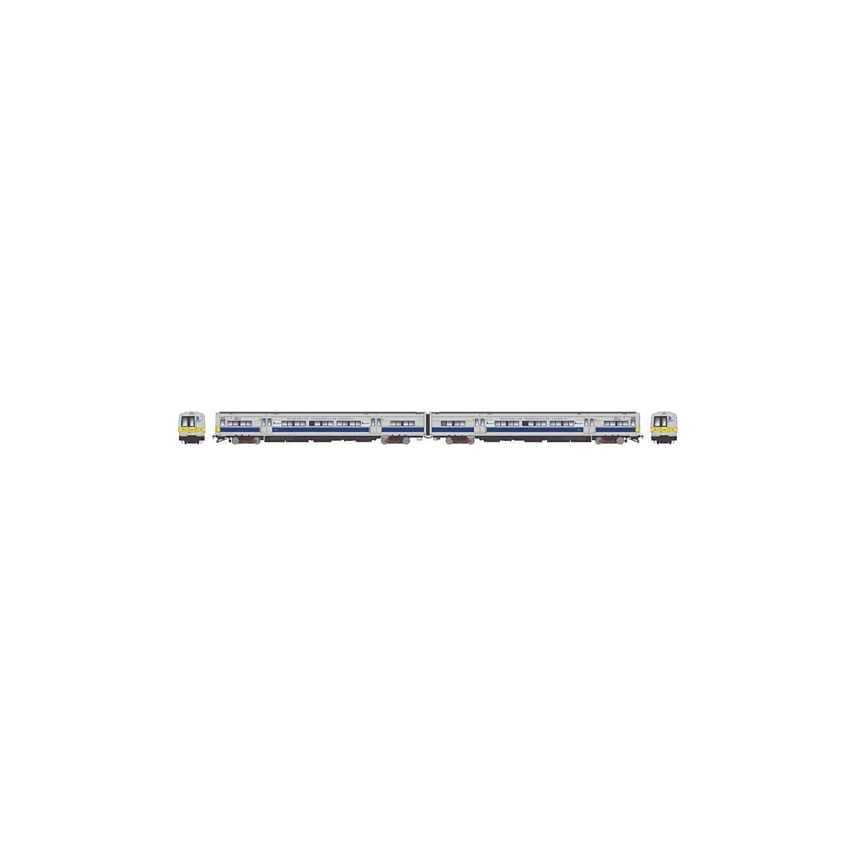 Budd M3 Electric 2-Railcar Set - Standard DC -- Long Island/MTA 9869, 9870 (silver, blue stripe, yellow ends), HO, Rapido Trains
