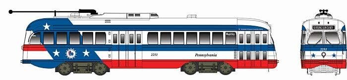 Kansas City-Style Post-War PCC Streetcar w/LokSound & DCC - Executive Line -- Bicentennial Scheme - Pennsylvania 2251 (white, bl