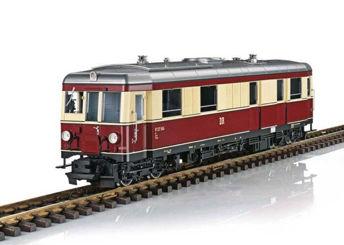 Class VT 137 Diesel Rail Car - Sound and DCC -- German State Railroad DR VT 137 566 (Era III, red, ivory, silver), G, LGB 26391