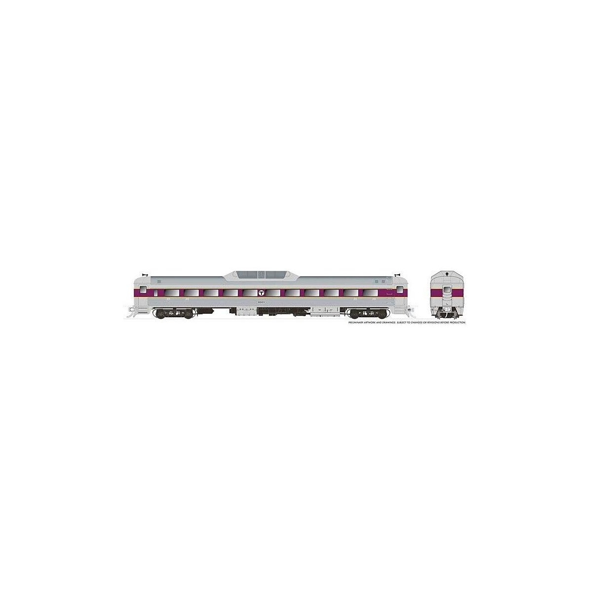 Budd RDC-9 - Standard DC -- Massachusetts Bay Transportation Authority MBTA 6911 (stainless, purple), HO, Rapido Trains Inc 1631