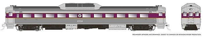Budd RDC-1 Phase 1c - Standard DC -- Massachusetts Bay Transportation Authority MBTA 6117 (stainless, purple), HO, Rapido Trains