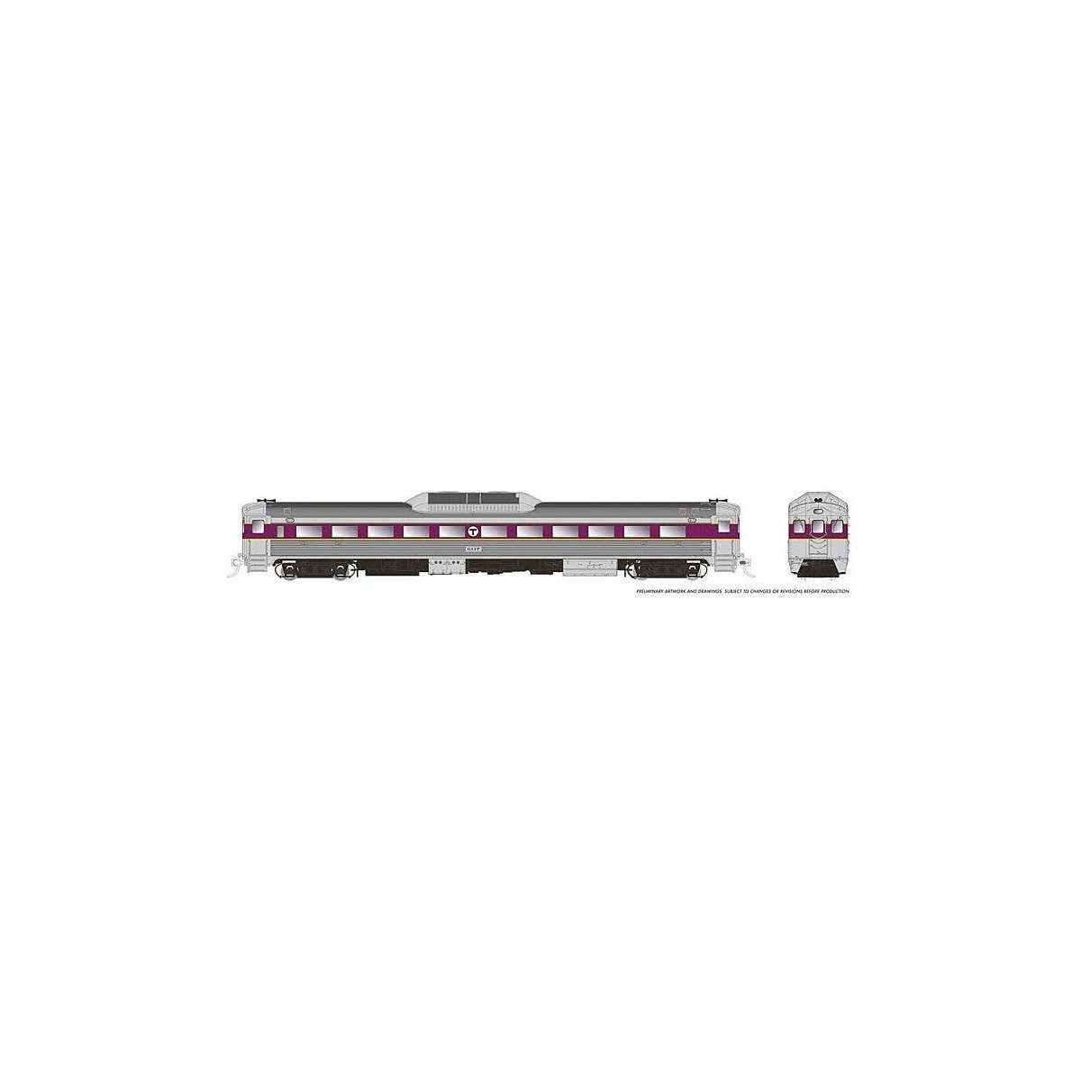 Budd RDC-1 Phase 1c - Standard DC -- Massachusetts Bay Transportation Authority MBTA 6125 (stainless, purple), HO, Rapido Trains