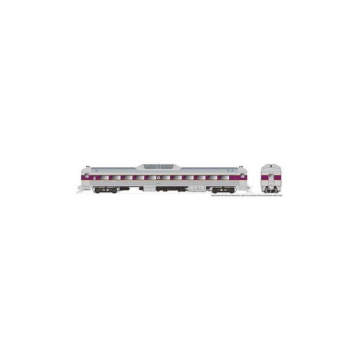 Budd RDC-9 - Standard DC -- Massachusetts Bay Transportation Authority MBTA 6916 (stainless, purple), HO, Rapido Trains Inc 1631