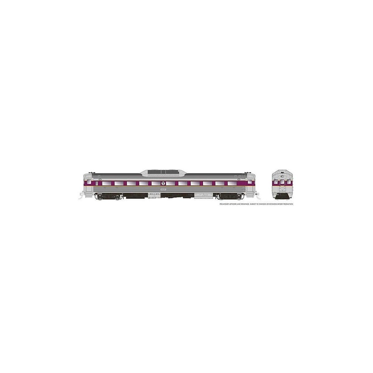 Budd RDC-1 Phase 1c - Sound and DCC -- Massachusetts Bay Transportation Authority MBTA 6133 (stainless, purple), HO, Rapido Trai