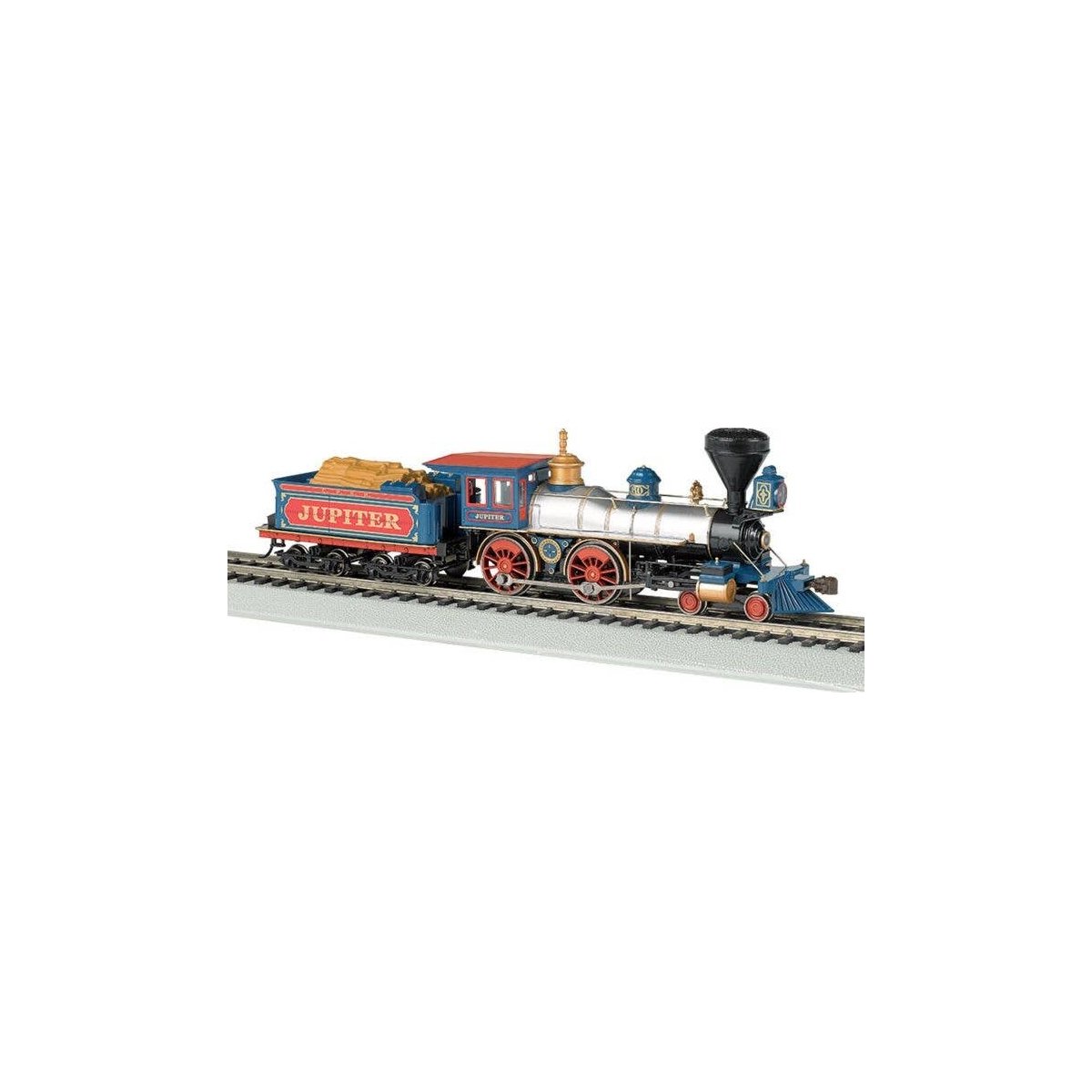 4-4-0 w/Wood Tender Load - Sound & DCC -- Central Pacific `Jupiter` (silver, black, blue, red), HO, Bachmann Industries 52702