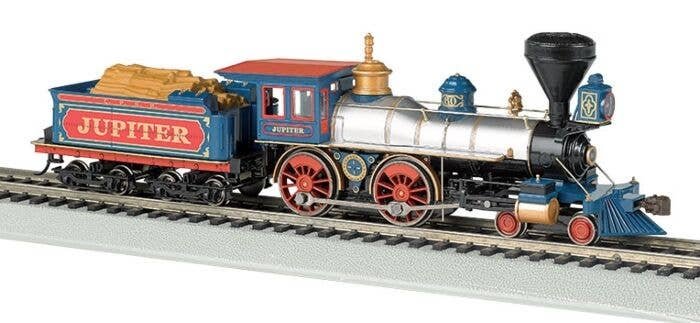 4-4-0 w/Wood Tender Load - Sound & DCC -- Central Pacific `Jupiter` (silver, black, blue, red), HO, Bachmann Industries 52702