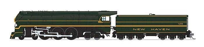 Class I-5 4-6-4 - Sstandard DC - Stealth Brass Hybrid -- New Haven 1400 (Fantasy Scheme, green, yellow), HO, Broadway Limited Im