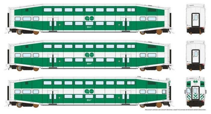 Bi-Level Commuter 2 Coach and Cab Car Set - Ready to Run -- GO Transit Set 1 (Cab 206 Coach 2104, 2133) (Early Scheme white, gre