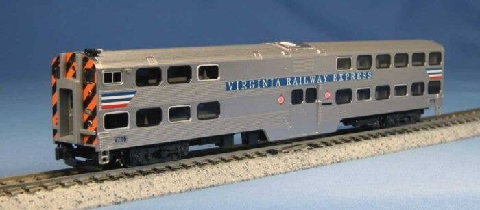 Nippon-Sharyo Gallery Bi-Level Commuter Cab Coach, DCC Lighting - Ready to R -- Virginia Railway Express V716 (silver, blue, red