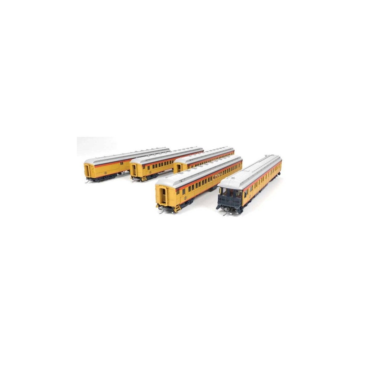 Heavyweight 5-Car Combine, 3 P70 Coach, Business Car Set - Ready to Run -- Chessie Steam Special (yellow, blue, vermillion, silv