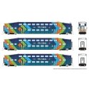 Bilevel Commuter Cab Car & 2 Coach Set - Ready to Run -- TriRail Set 1 501, 1004, 1009 (dark blue, light blue, orange, green), N
