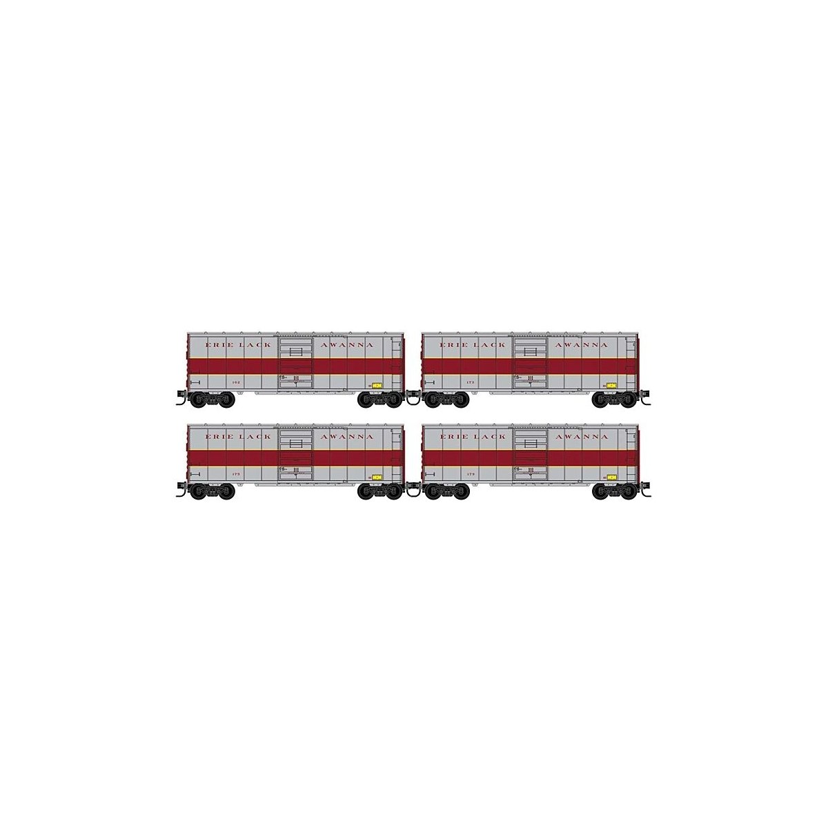 40′ Single-Door Boxcar No Roofwalk 4-Pack - Ready to Run -- Erie Lackawanna 162, 173, 175, 179 (Express, gray, maroon), N, Mic