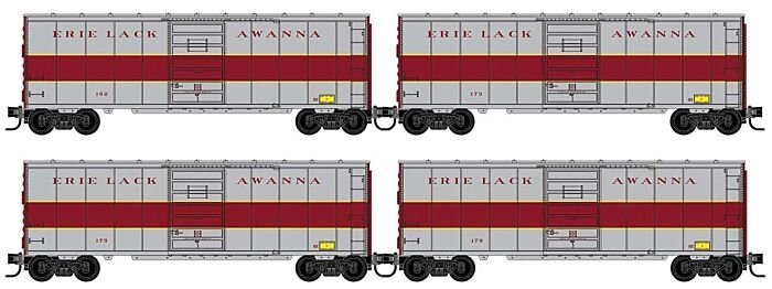 40′ Single-Door Boxcar No Roofwalk 4-Pack - Ready to Run -- Erie Lackawanna 162, 173, 175, 179 (Express, gray, maroon), N, Mic