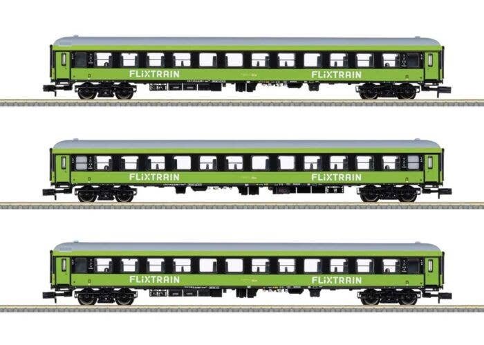 Type Bmmz 264.4F and 264.4 2nd Class Coach 3-Pack - Ready to Run - Minitrix -- Flixtrain (Era VI 2020, green, black, white), N, 