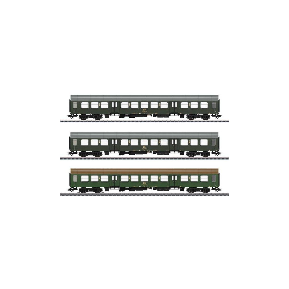 Type Bmh Halberstadt Center Entry Car 3-Pack - 3-Rail - Ready to Run -- German State Railroad DR (Era IV 1980s, green, silver & 