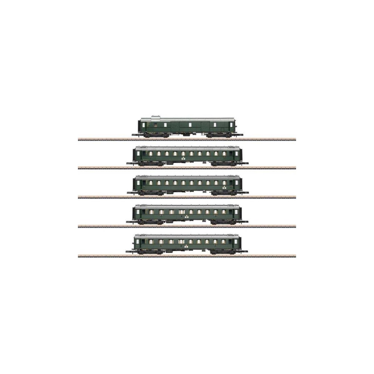 Pw4u-29, 2 - C4u-28 & 2 - ABC4u-29 5-Car Standard Design Set - Ready to Run -- German Railroad DB AG (Era III 1951, green, silve