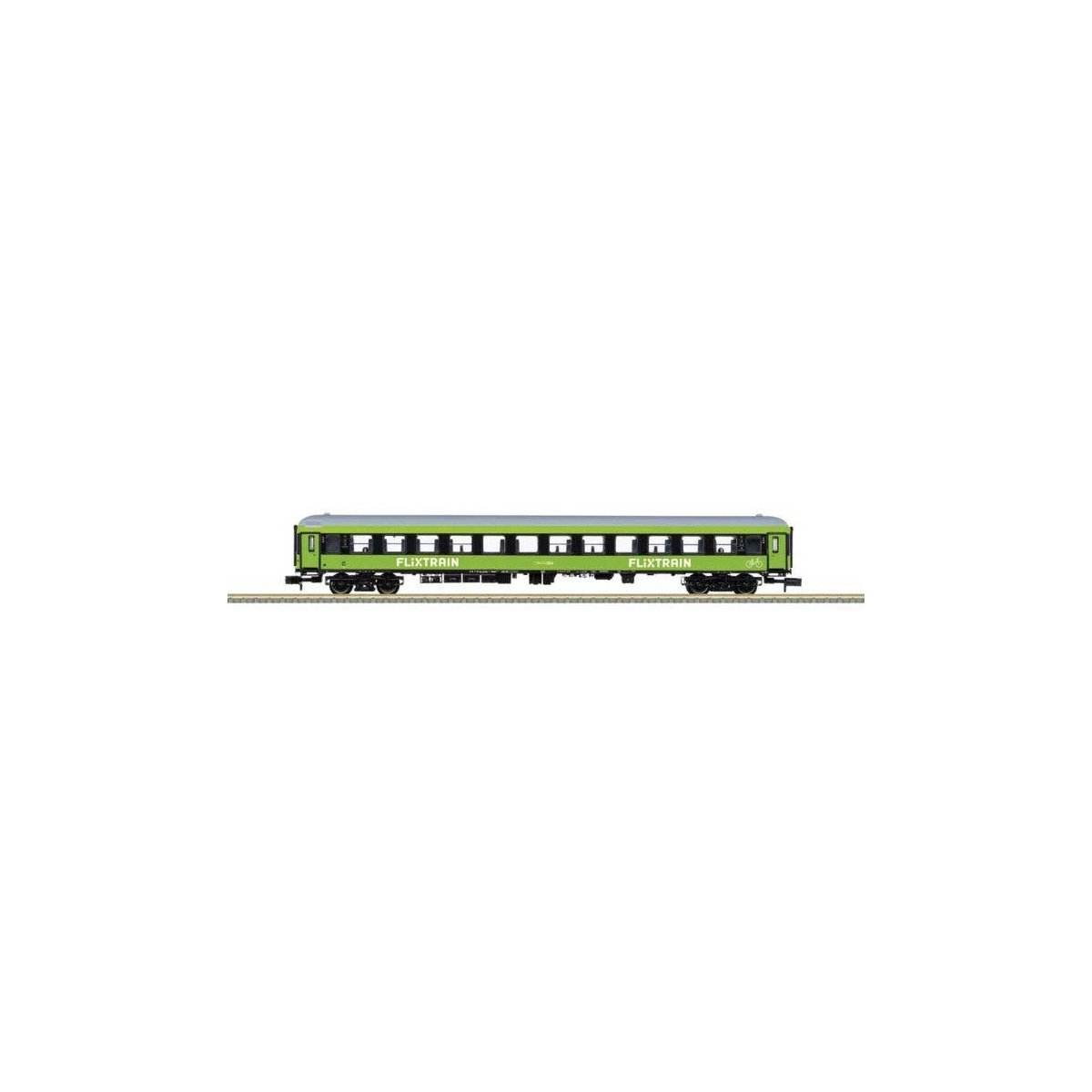 Type Bmmz 268.7F 2nd Class Coach 3-Pack - Ready to Run - Minitrix -- Flixtrain (Era VI 2020, green, black, white), N, Trix 15797