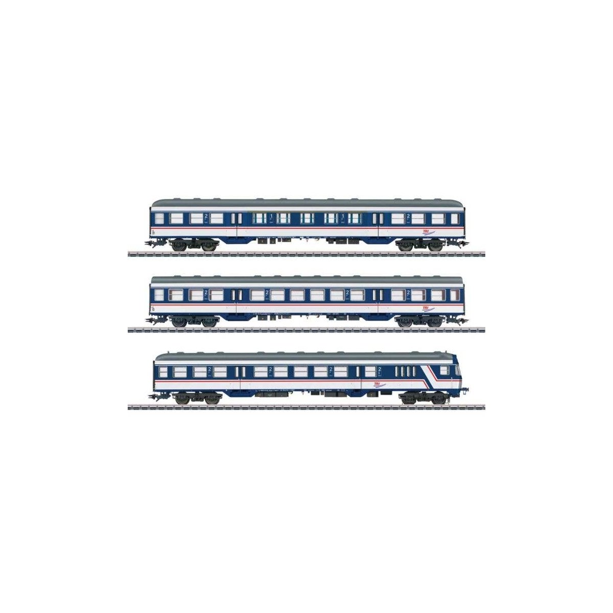 Type Bnrdzf 463.0 Cab Car, ABnrz 403.4, Bnrz 450.3 Set - 3-Rail - Ready to R -- Train Rental, Inc. TRI (Era VI 2021, blue, white