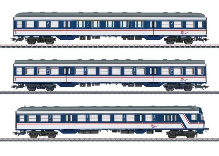 Type Bnrdzf 463.0 Cab Car, ABnrz 403.4, Bnrz 450.3 Set - 3-Rail - Ready to R -- Train Rental, Inc. TRI (Era VI 2021, blue, white