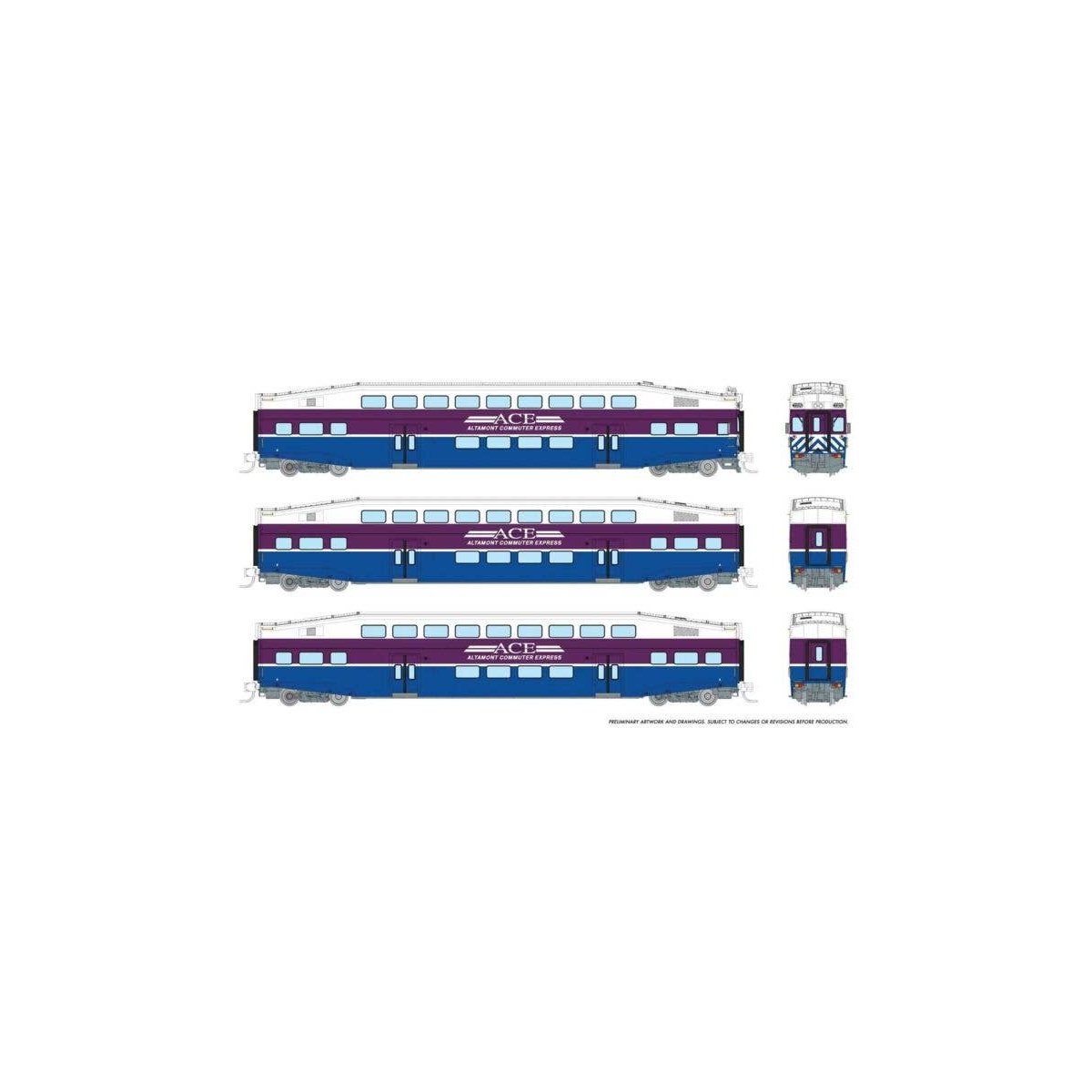 Bilevel Commuter Cab Car & 2 Coach Set - Ready to Run -- Altamont Commuter Express Set 1 3305, 3212, 3216 (white, purple, blue),