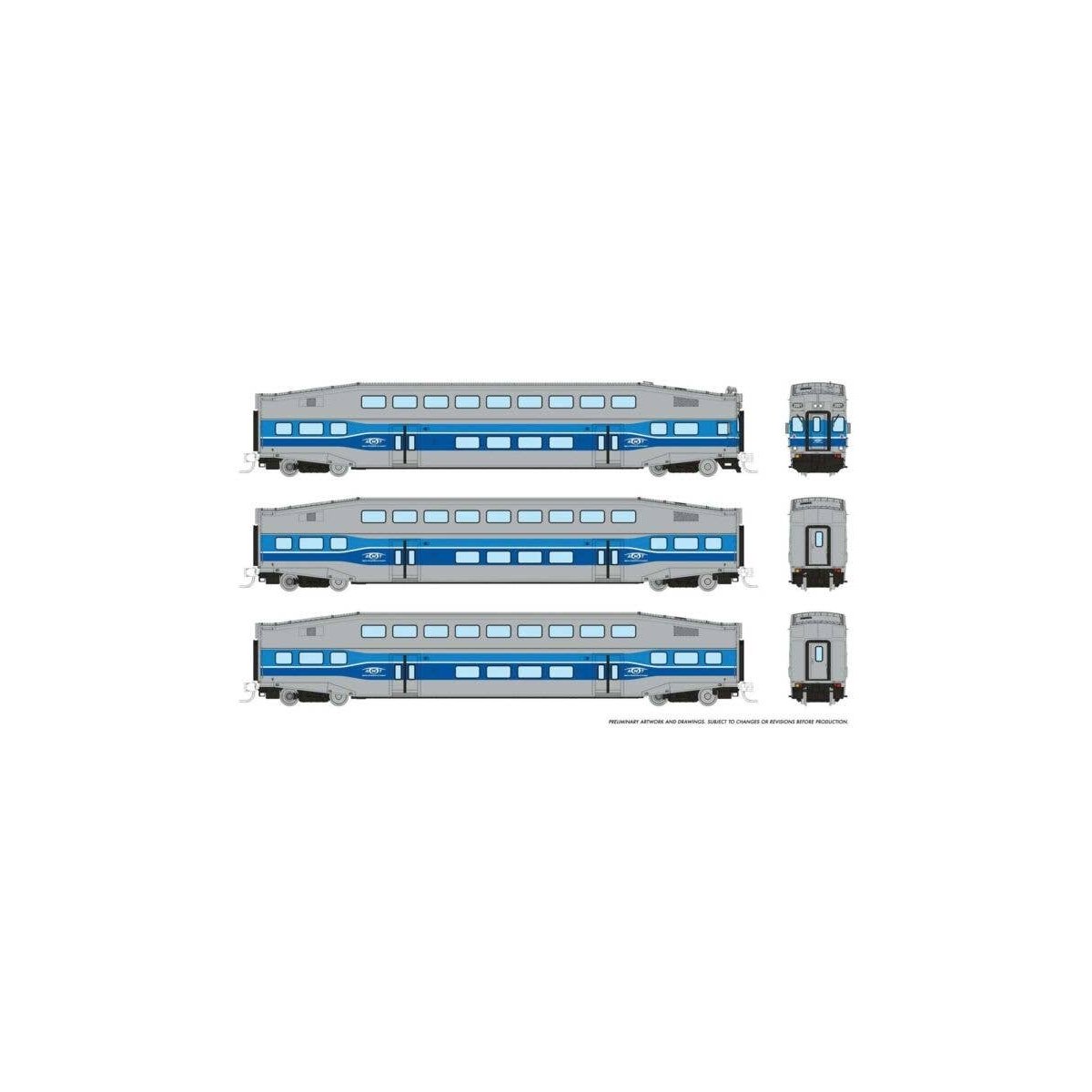 Bilevel Commuter Cab Car & 2 Coach Set - Ready to Run -- AMT Montreal Set 1 2001, 2024, 2031 (blue, gray), N, Rapido Trains Inc 