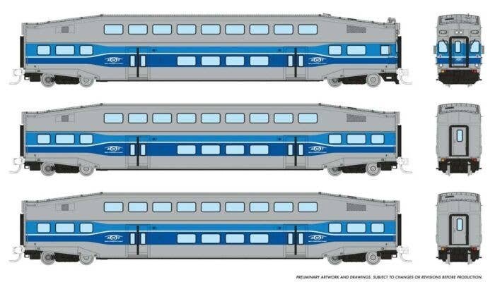 Bilevel Commuter Cab Car & 2 Coach Set - Ready to Run -- AMT Montreal Set 1 2001, 2024, 2031 (blue, gray), N, Rapido Trains Inc 