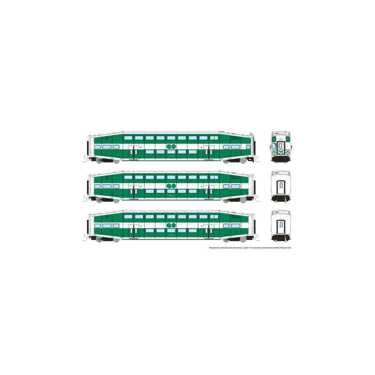 Bilevel Commuter Cab Car & 2 Coach Set - Ready to Run -- GO Transit Set 1 205, 2123, 2150 (green, white), N, Rapido Trains Inc 5
